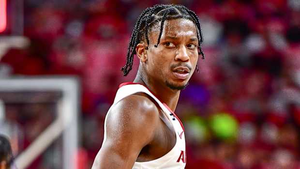 Arkansas Razorbacks' guard Tramon Mark stares down his opponent against Abilene Christian.